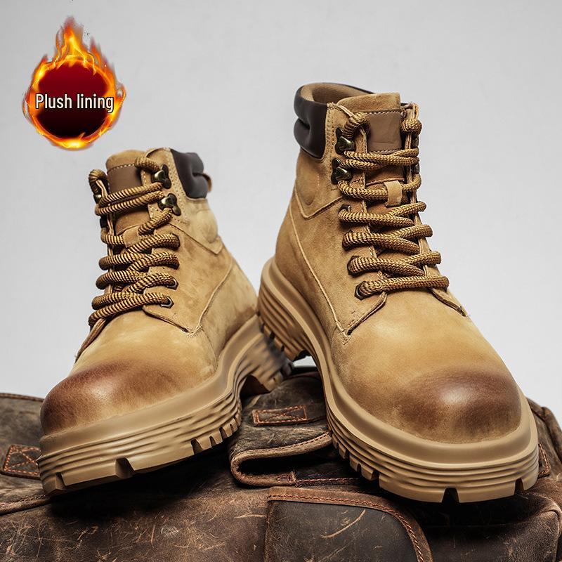 Мужские осенне-зимние ботинки хай-топ из натуральной кожи, плюшевые уличные рабочие ботинки желтого цвета в британском стиле