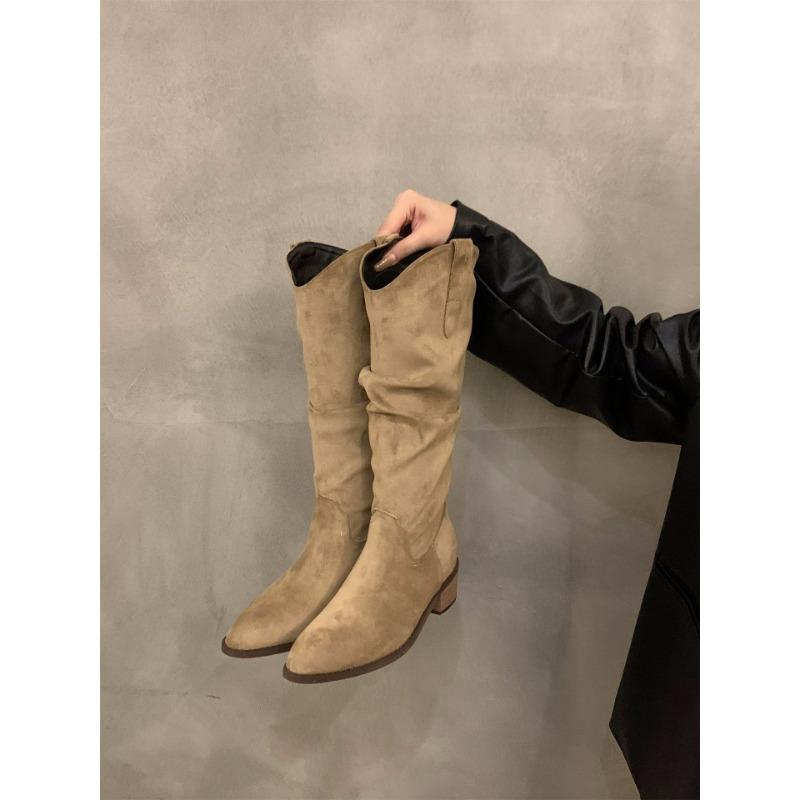 Thick Heel Vintage Brown V-Mouth Pile Medium Boots Women's Shoes Summer Pointed Western Cowboy Boots