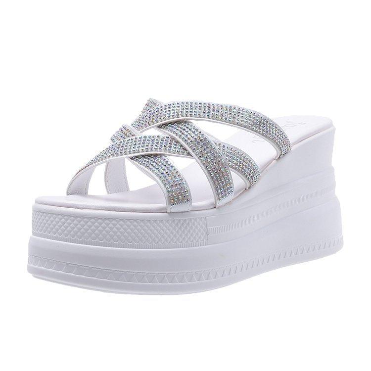 Summer Platform Women Slippers Rhinestone Wedges Shoes for Women Cross Strap Casaul Female Outdoor High Heel Solid Sandal Slides