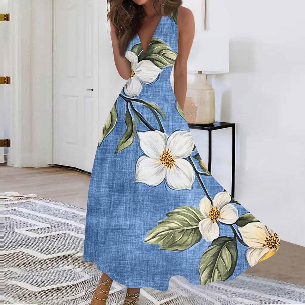 Женские модные повседневные свободные платья с V-образным вырезом без рукавов с принтом