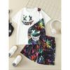 Personalized Trendyy Boys' White Background Colorful Splicing Smiley Face with Full Colorful Smudged Shorts Suitable for Outdoor Leisure and Play
