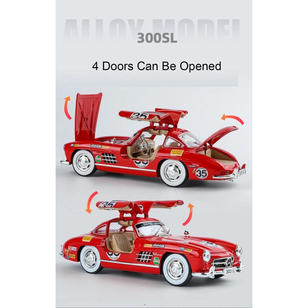 1/24 Scale BENZ 300SL Toys Cars Alloy Diecast Model 4 Doors Opened Front Wheel Steering Sound Light Vehices for Children's Gift