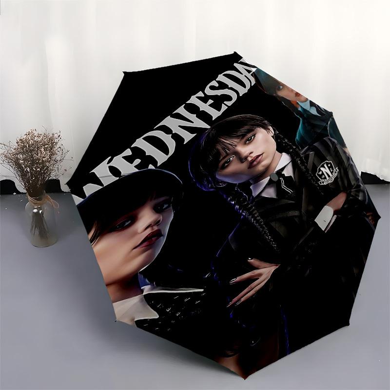 1pc Wednesday AddamsOpen/Close Umbrella-Windproof, Compact Travel Umbrella, Sturdy 8-Rib Shaft, Outdoor Accessory, 1046