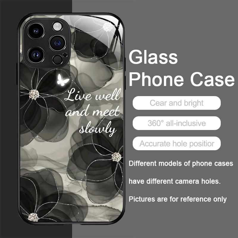 Luxury Black Rose Flower Graphic Tempered Glass Phone Case for IPhone 16 Pro Max 15 14 13 12 Mini 11 XS XR 7 8 Plus Hard Covers