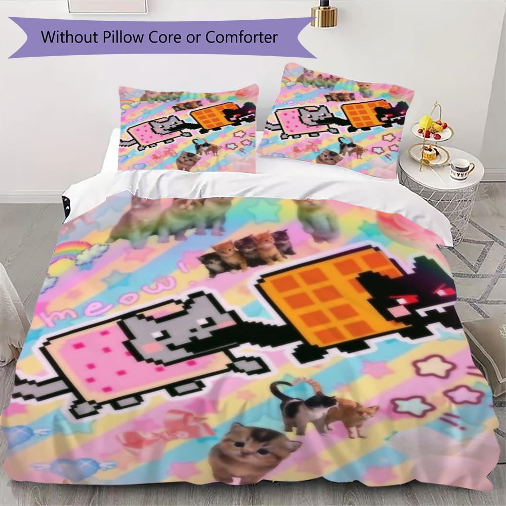 nyan cat Pattern Bedding uilt Set uilt Cover Pillowcase Home Decoration Birthday Gift (1 * duvet cover + 2 * pillowcase without core)99