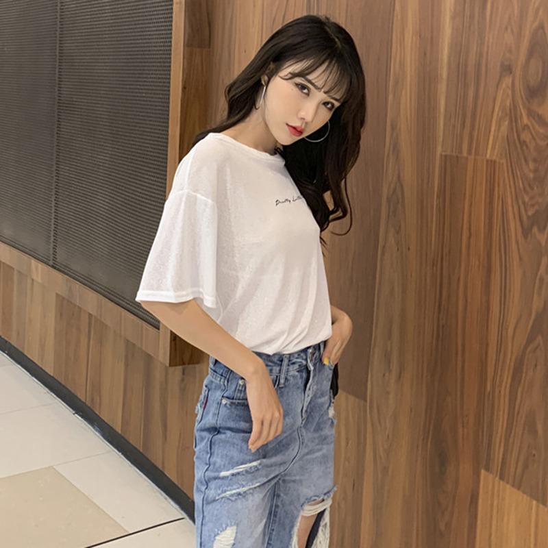 Женская повседневная блестящая круглая шея с буквенным принтом, свободный пуловер с короткими рукавами, простая футболка с открытой спиной