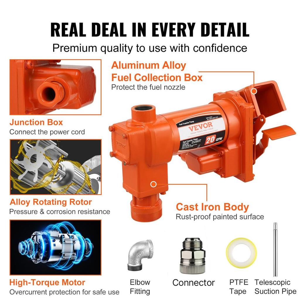 Fuel Transfer Pump, 12V DC 20 GPM 1/4 HP, Gasoline Extractor Pump with Automatic Nozzle, Discharge Hose & Suction Pipe for Gasoline, Diesel, Kerosene,