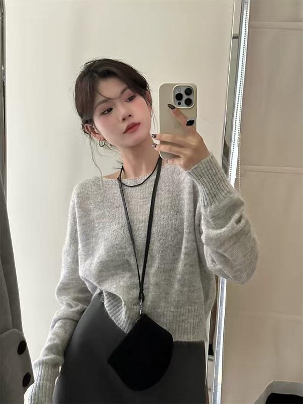 Korean Style One-Shoulder Wool Knit Sweater for Women - Autumn/Winter, Loose Fit, Plus Size, Street Style Base Layer Top