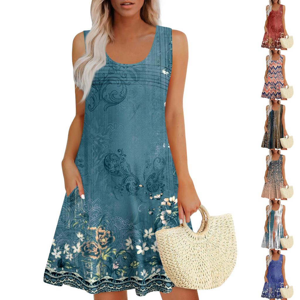Womens Summer Dresses Loose U Neck Sleeveless Sundresses Dress With Pockets