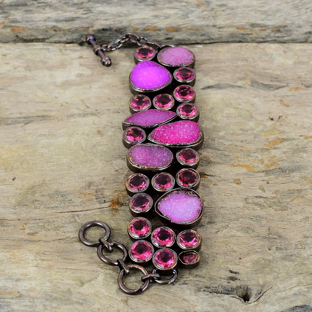 Розовый браслет с друзами, гальванический медный браслет, регулируемый браслет-цепочка, браслет с розовым турмалином и драгоценными камнями, ювелирные изделия ручной работы, подарок для него