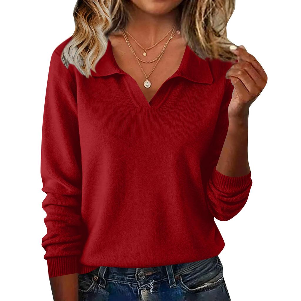 Women's Fashionable Casual Long-sleeved Knitted V-neck Sweater Top