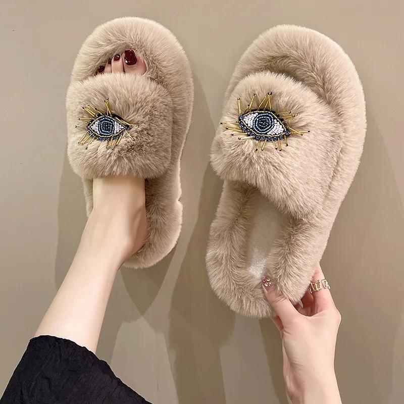 Fashion Ladies Winter Fashion Soft Warm New Comfort Flat Fur Slipper Outside Fluffy Slippers Indoor Plush Shoe Women's Luxury Slippers