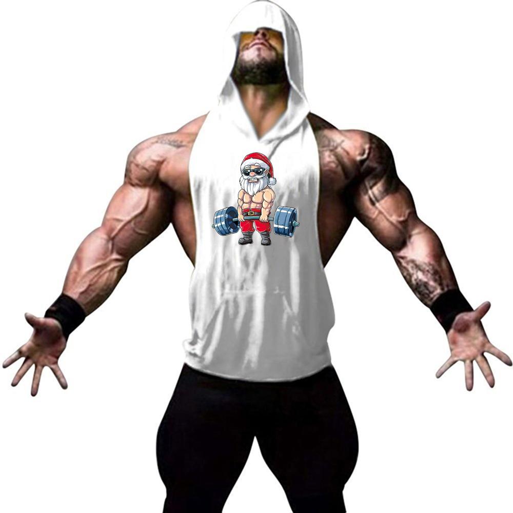 Men's fashion trend personalized gym fitness and leisure sleeveless Santa Claus print pattern hooded vest sports running vest