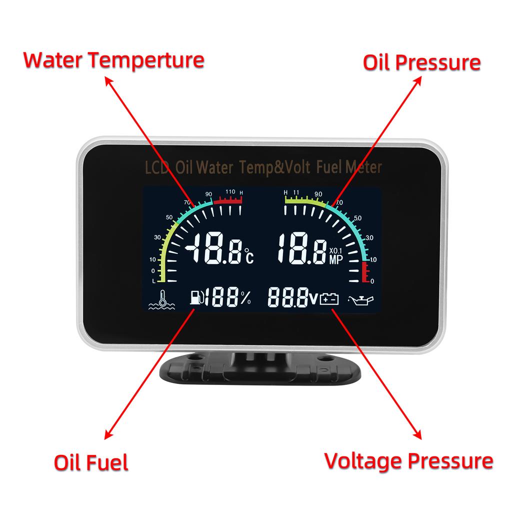 Digital LCD Gauge 4 IN 1 Water Temperature+Oil Pressure+Fuel Level Gauge+Voltage+Temp Joint Adapter Sensor for Car Truck 12V24V