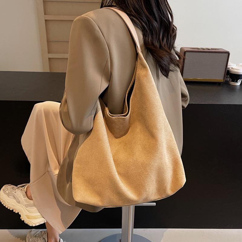 Women Suede Shoulder Bag Retro Single Shoulder Bag Large Capacity Simple Tote Handbag Solid Color Hasp Closure Top Handle Bag
