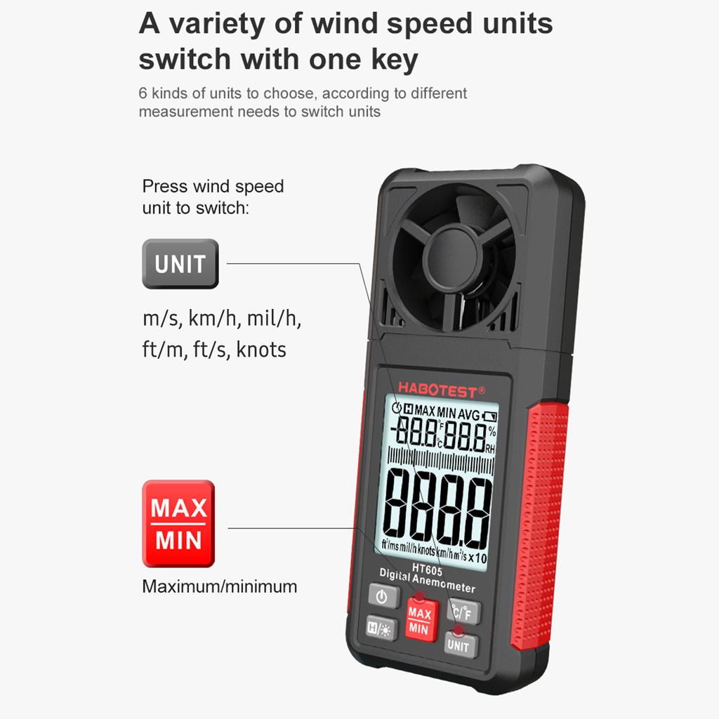 HABOTEST HT605 ЖК-цифровой анемометр-термометр Ручной измеритель скорости ветра Температура и влажность