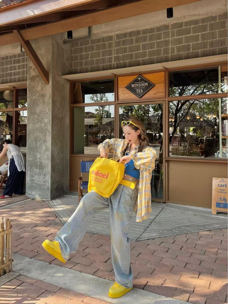 Женская американская ретро желтая клетчатая рубашка с длинным рукавом и защитой от солнца - осенняя тонкая блузка свободного кроя