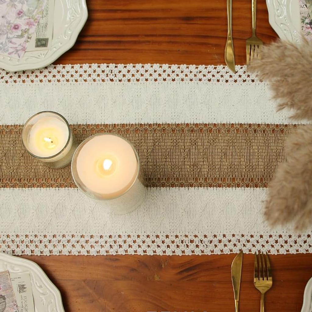 Boho Fall Table Runner Farmhouse Burlap Cotton Table Runner with Tassels Woven Macrame Home Living Room Table Decoration