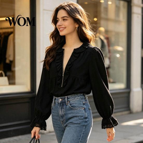 Long Sleeve Shirts Women Half Zipper V-Neck Blouse, Bohemian Ruffle Top, Loose Fit Blouses Solid Color Pleated Shirt for Spring Fall with Bell Sleeves