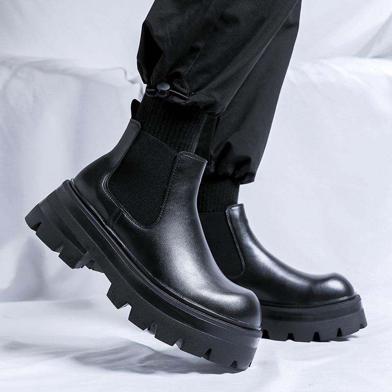 Italian Chelsea Casual Leather Boots Men Thick Bottom Antiskid Biker Boot High Top Popular Trendy All-match Street Outdoor Shoes