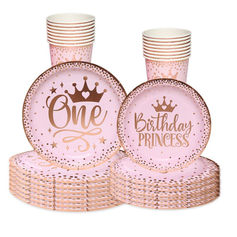 Pink Gold Girl One Year Birthday Disposable Tableware Princess Crown Plates Paper Cups 1st Baby Girl Happy Birthday Party Decor
