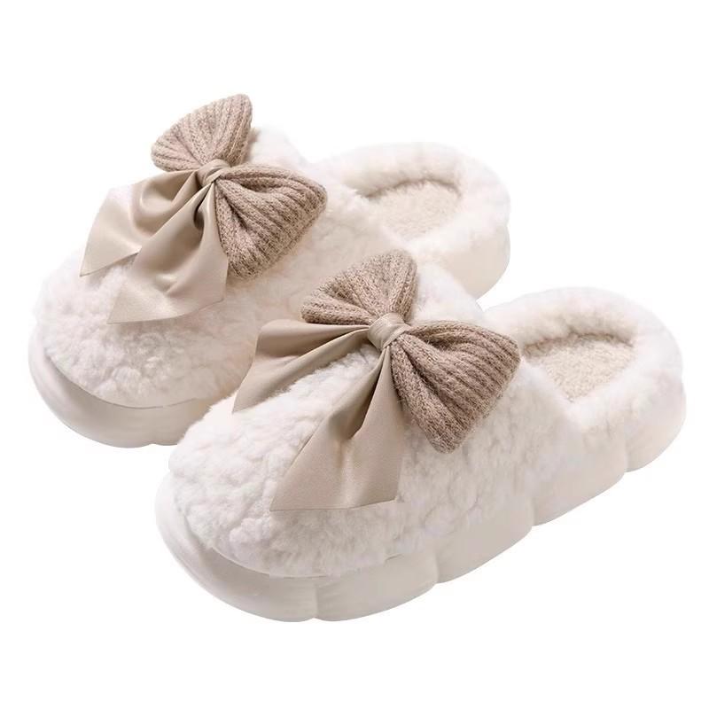 Women's Plush Cotton Slippers with Sweet Bow, Thick-Soled for Indoor Autumn/Winter 2026