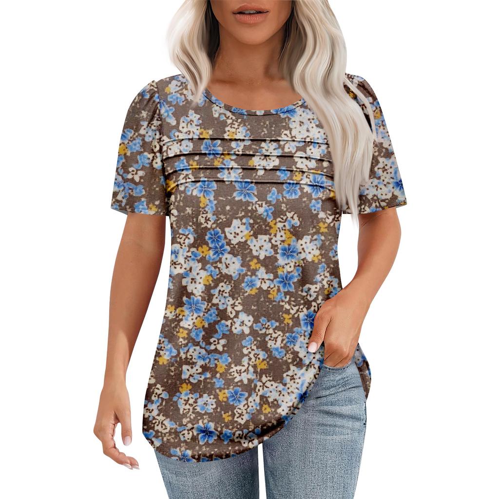 Женская модная рубашка с круглым вырезом и короткими рукавами в складку