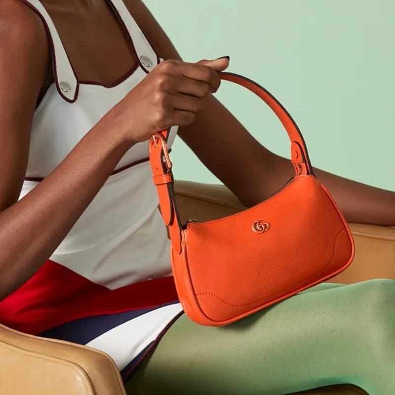 GUCCI Aphrodite Gold-Finish Double G Logo Zipper Closure Leather Underarm Bag Tote Shoulder Bag Women's Orange