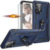 Case for Samsung A52 5G + Tempered Glass - Sturdy Stand Ring Reinforced Edge Rigid Metal Plate - Navy Blue