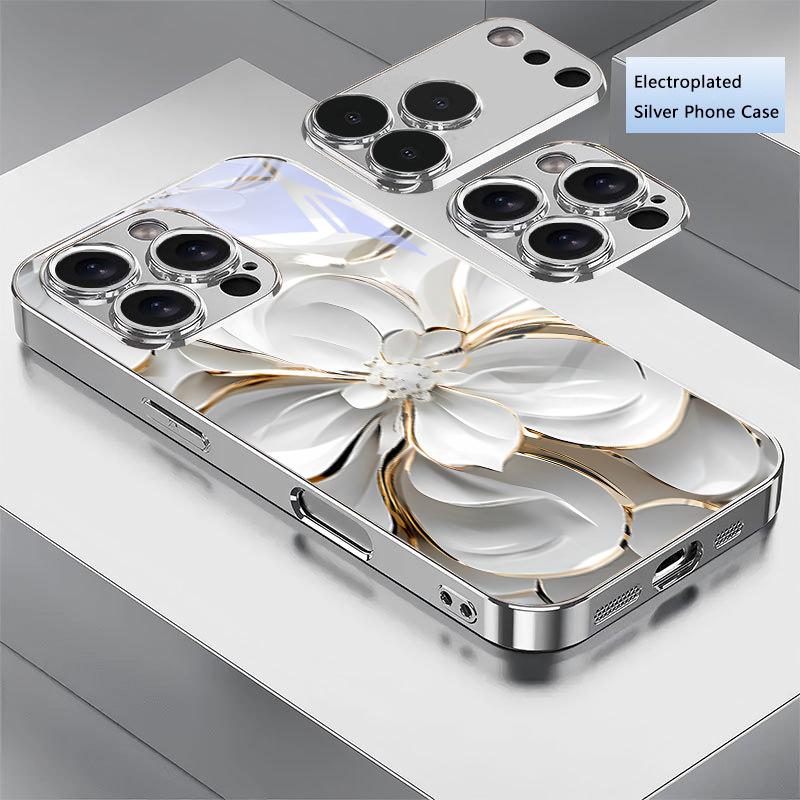 Край Белый Цветок Посеребренный Чехол Для Телефона Для iPhone 17Air 17 16 15 14 13 12 11 Pro Max Plus 16E XR 7 8 X Xr Стеклянная Крышка