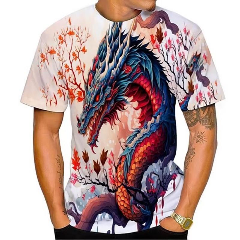 Dragon Floral 3D Print T-Shirts Men Fashion O-Neck Short Sleeve T Shirt Oversized Harajuku Y2k Tops Tees Men Clothing