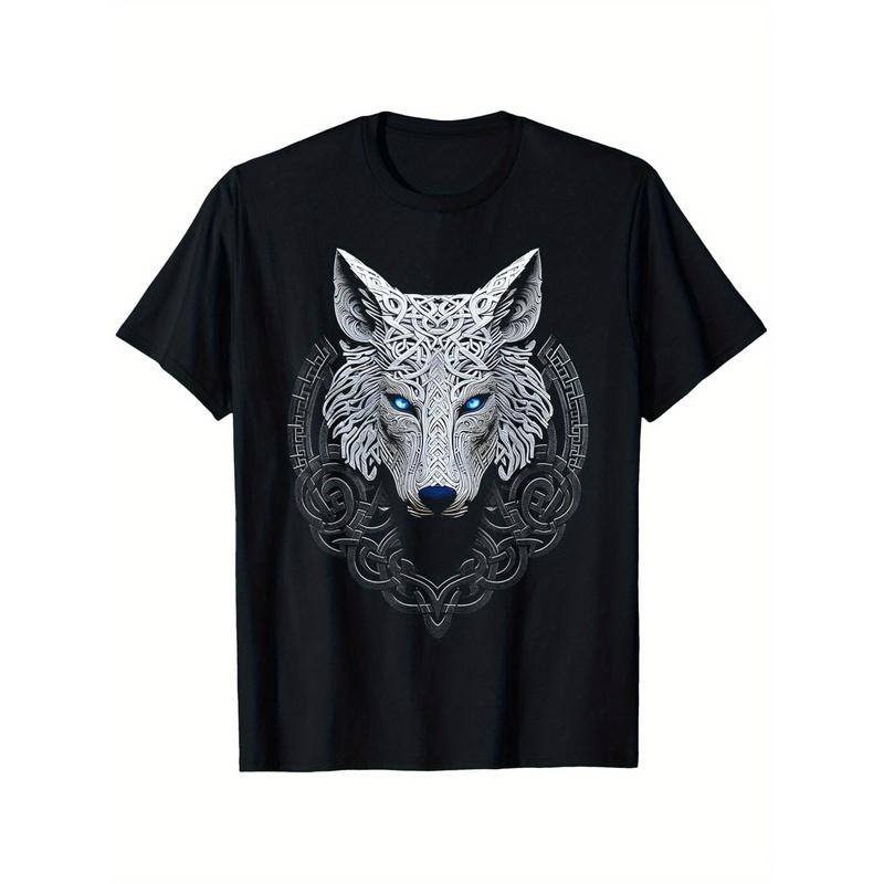 Men'S Relaxed Fit T-Shirt Featuring a Detailed Wolf And Celtic Knot Graphic, a Black Casual Tee Suitable for Year-Round Use, Available in Sizes S to