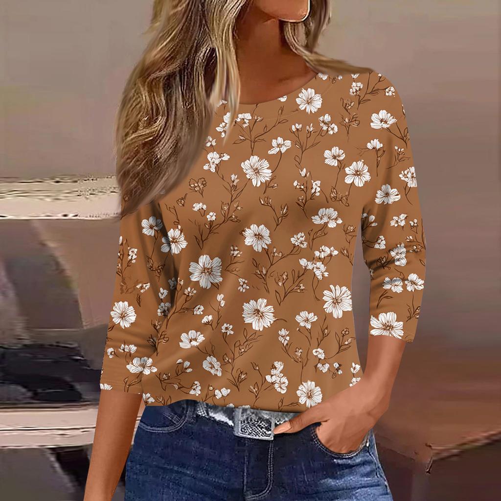 Women's Fashionable Casual Round Neck T-Shirt With Floral Print And Three-Quarter Sleeves