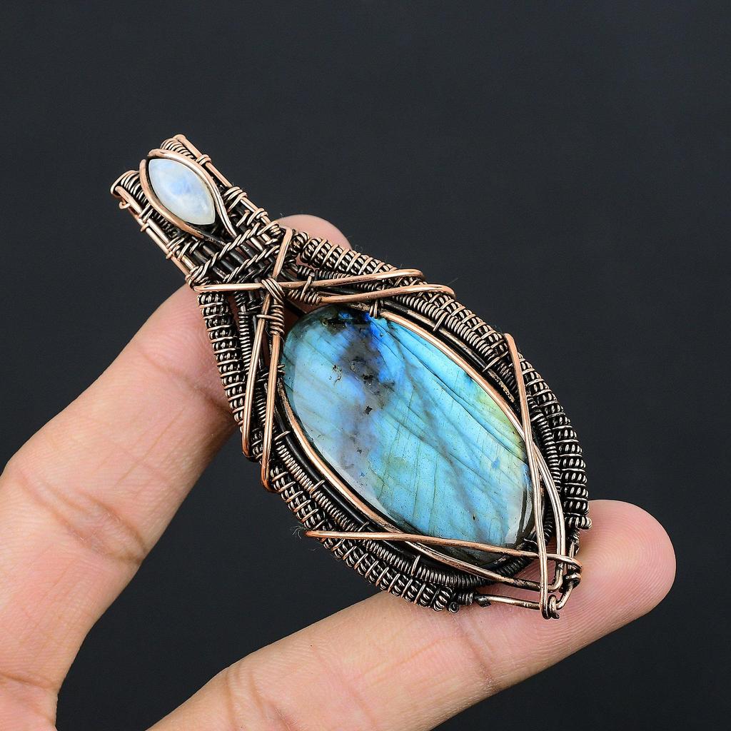 Labradorite Pendant, Handmade Gemstone 999 Copper Wire Wrapped Pendant Antique Jewelry, For Gift Silver Jewelry