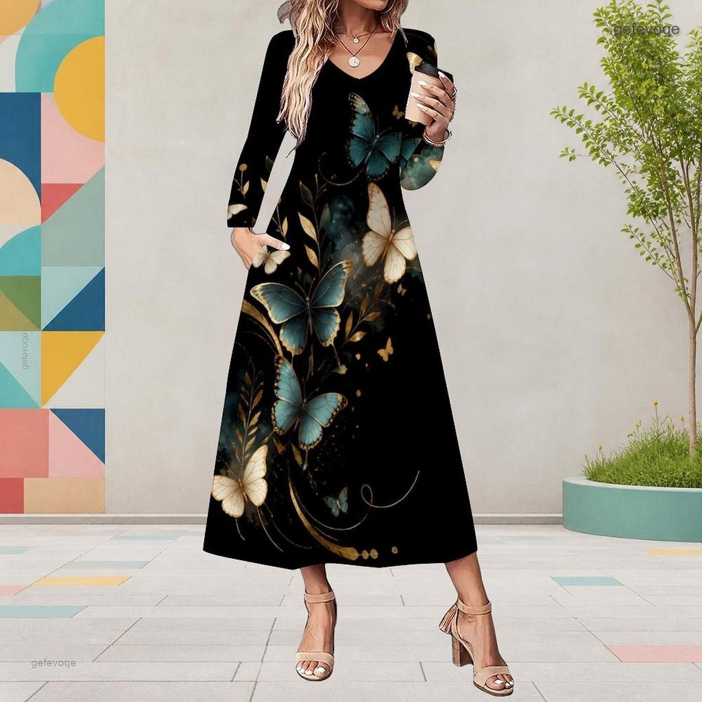 Women Plus Size Long Sleeve V Neck Dark Blue Butterfly Floral Printed A Line Midi Dress With Pockets