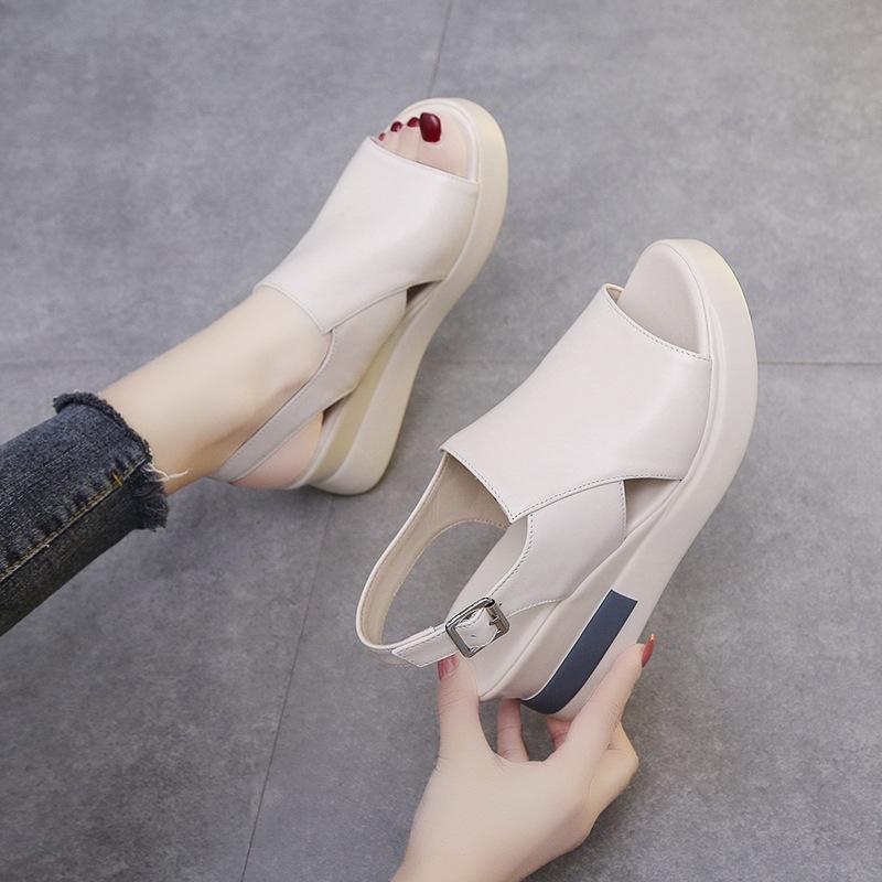 Fashion Thick-soled Wedge Sandals Women 2024 New Summer High-heeled Fish Mouth Women's Shoes Soft Leather High Platform Shoes Slippers