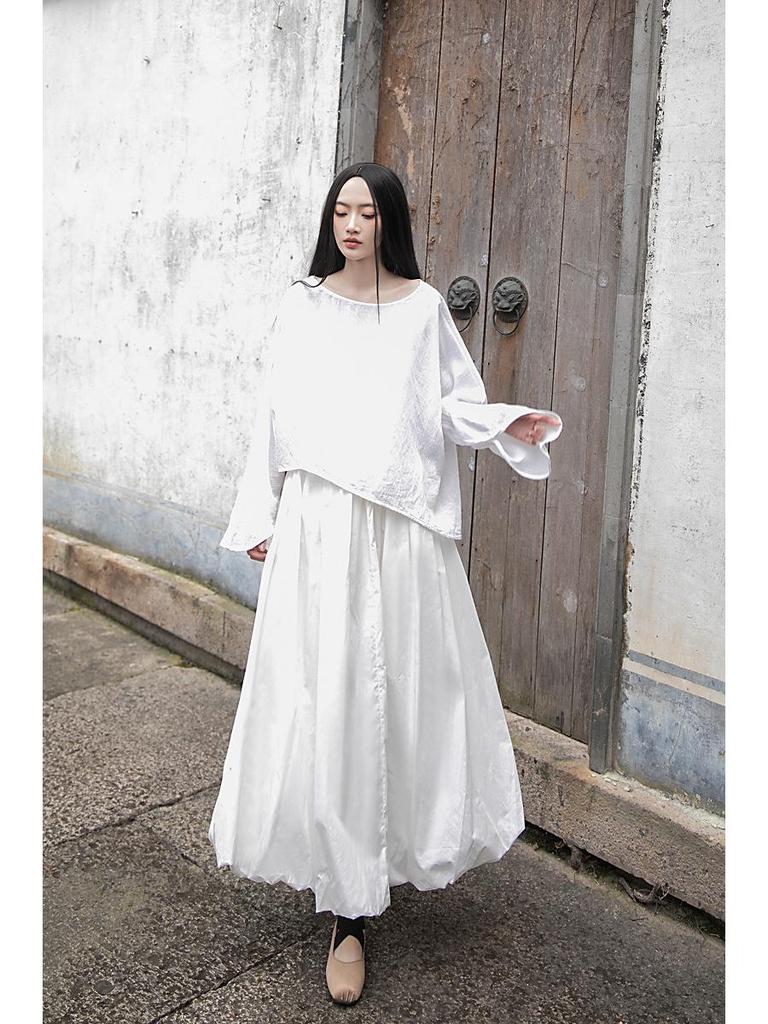 Handmade Heavy-Duty Puffy Cloud Ruffle Midi Skirt In Black and White