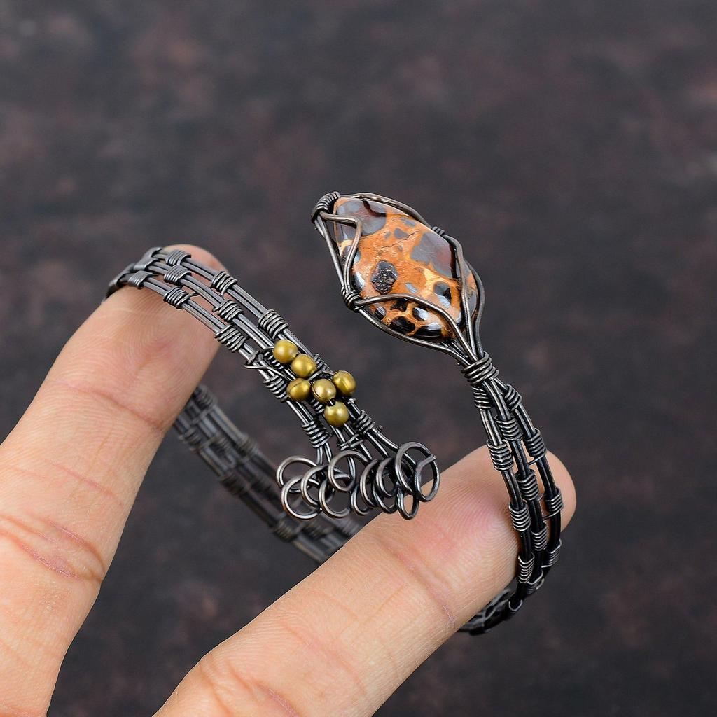 Bauxite Bangle Gemstone Bracelet Copper Wire Wrapped Adjustable Cuff Bracelet Copper Wire Wrap Jewelry Gift For Mom Handmade Designer Bangle