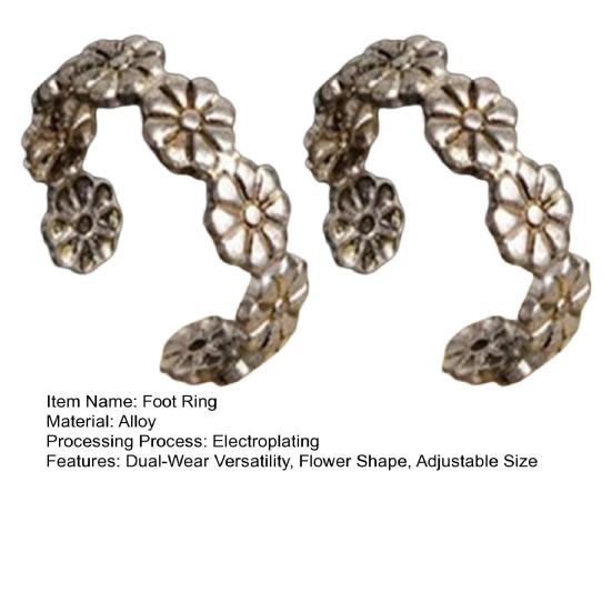 2Pcs Foot Ring Comfortable Alloy Joint Rings with Exquisite Flowers Adjustable Opening Design Electroplated Toe Rings