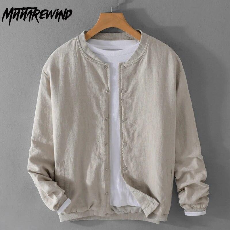 Мужские куртки из хлопкового льна в стиле ретро, мужская одежда, весенняя спортивная бейсбольная одежда, повседневная куртка, однотонная куртка с воротником-стойкой и пуговицами
