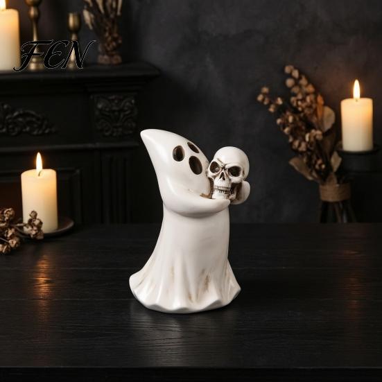 Mysterious Desk Ornament Halloween Ghost Figurine with Skull, Resin Statue for Tabletop Decor, Unique Party Supplies Retro Gothic Home Desktop Window