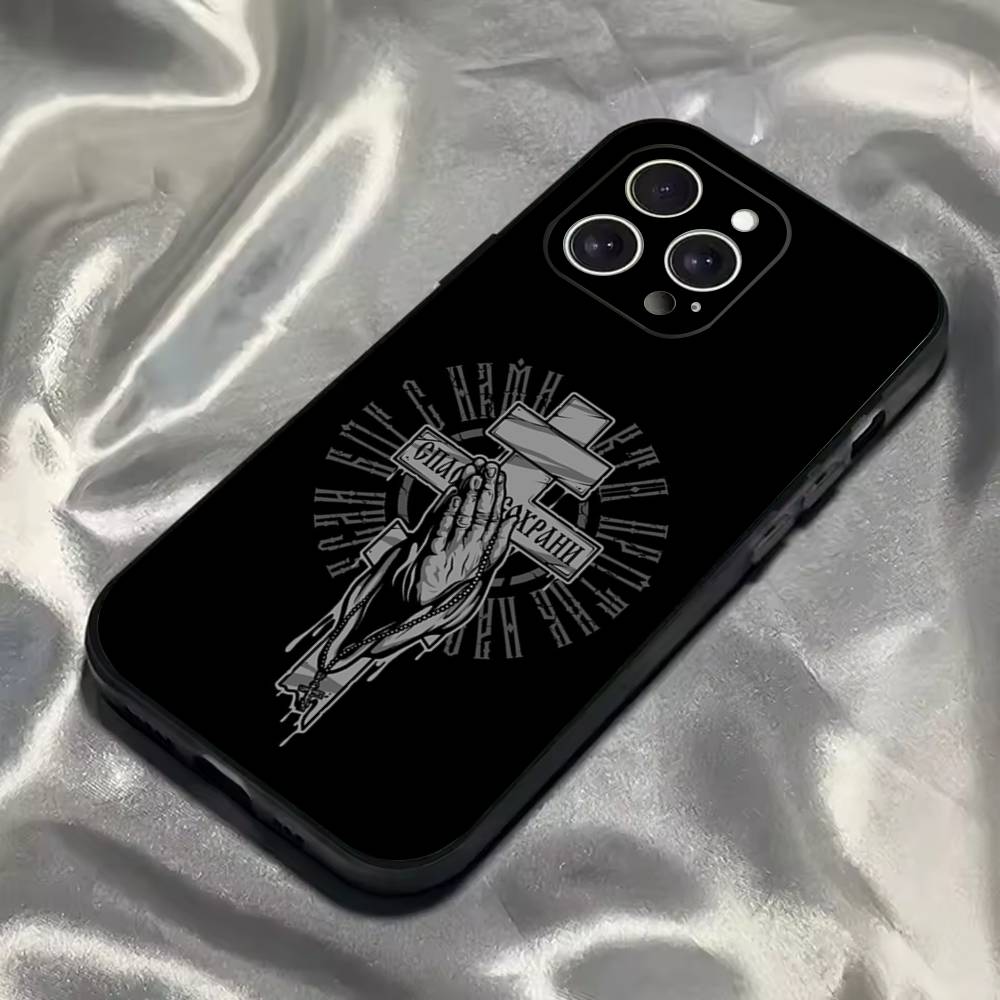 Икона Православного Креста Чехол для Телефона Церковь Для iPhone 16,15,14,13,12,11,Pro,Max,Plus,X,XS,SE4,E,Mini,Мягкий Черный Чехол