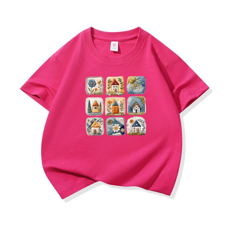 Kids Cotton T Shirt Cute Retro House Print Crew Neck Short Sleeve Tee Casual Breathable Boys Girls Summer Tops