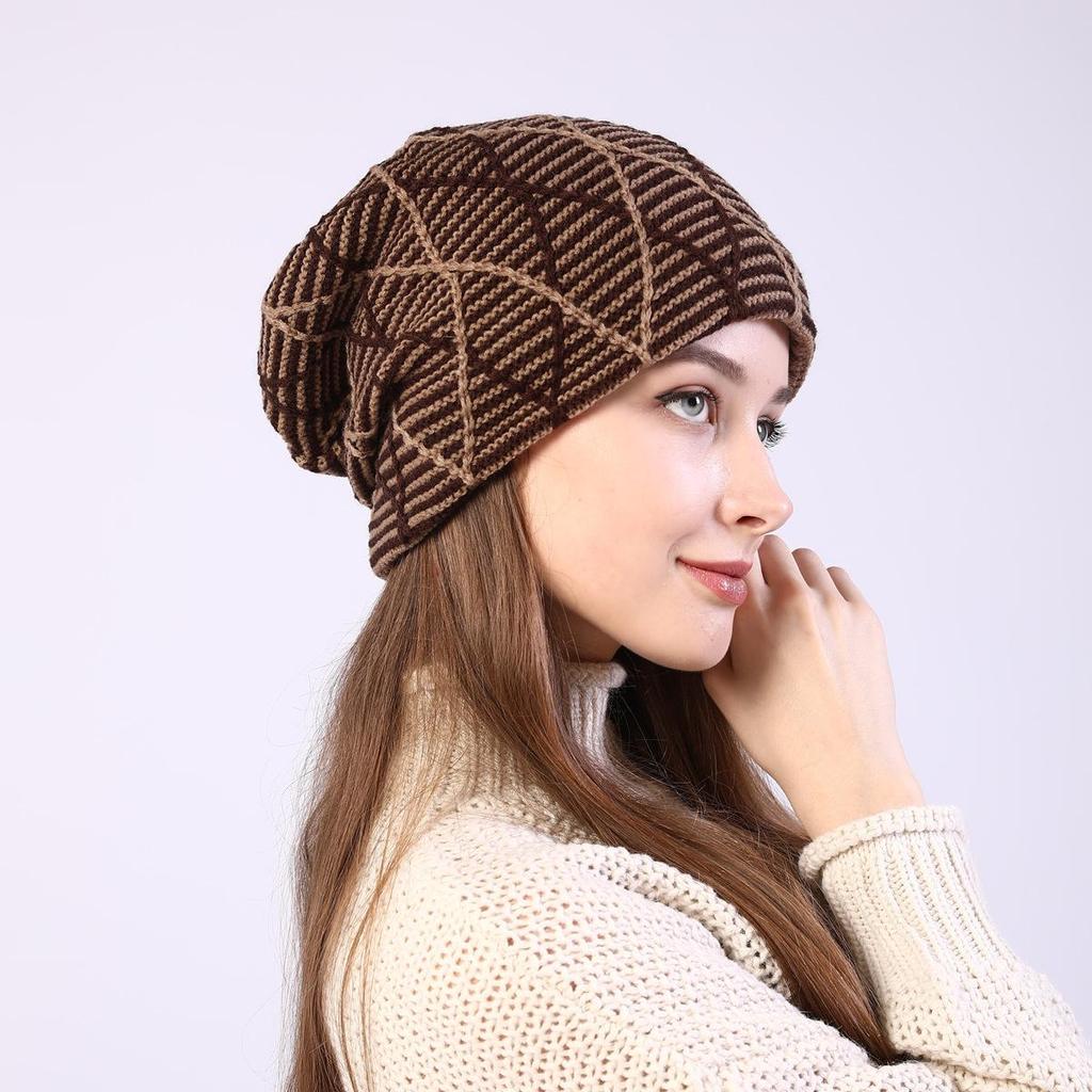 Women's Autumn Winter Pullover Mixed Color Mesh Diamond Plush Knitted Wool Hat Ear Protection Pile Cap