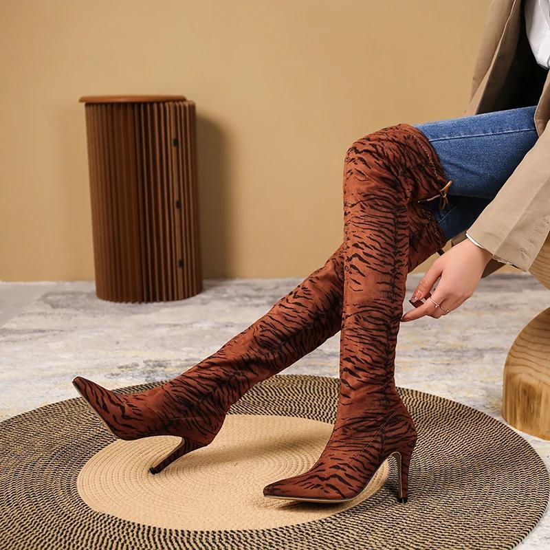 Модные европейские и американские туфли на высоком каблуке с леопардовым принтом, женские ботфорты большого размера на тонком каблуке выше колена с эластичными вставками
