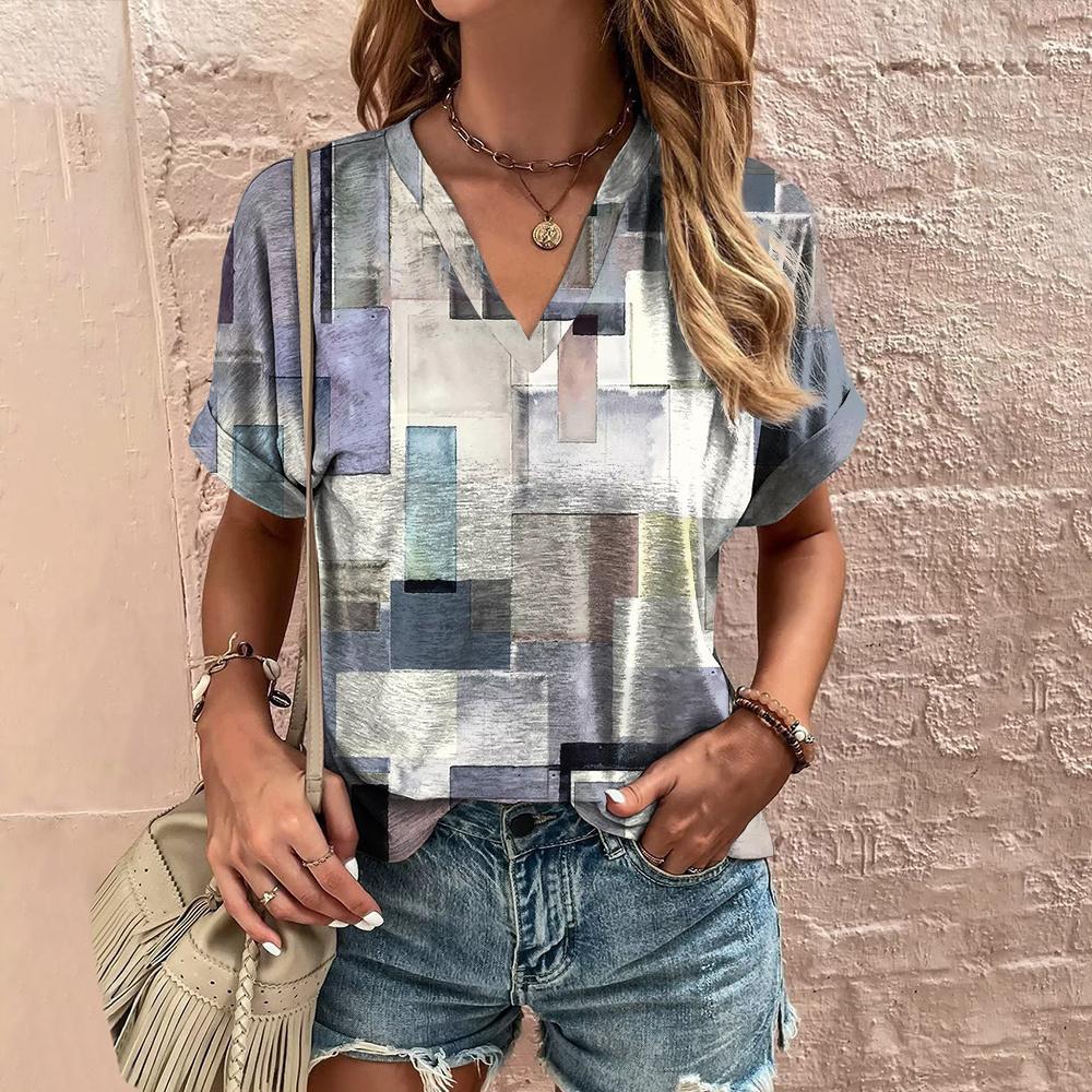 Лоскутная клетчатая женская футболка с геометрическим принтом, v-образным вырезом, короткими рукавами, летние роскошные топы, женские рубашки и блузки большого размера