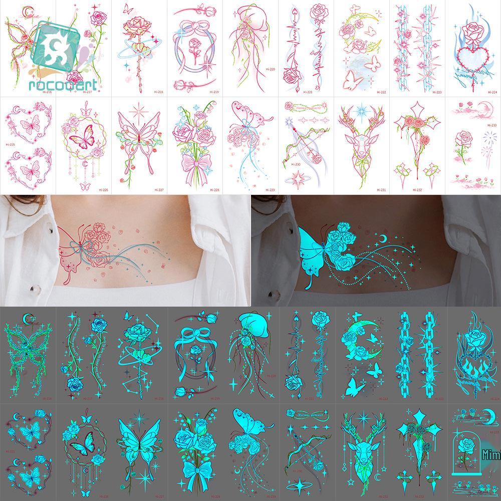 Blue Luminous Rose & Butterfly Collarbone Tattoo Sticker