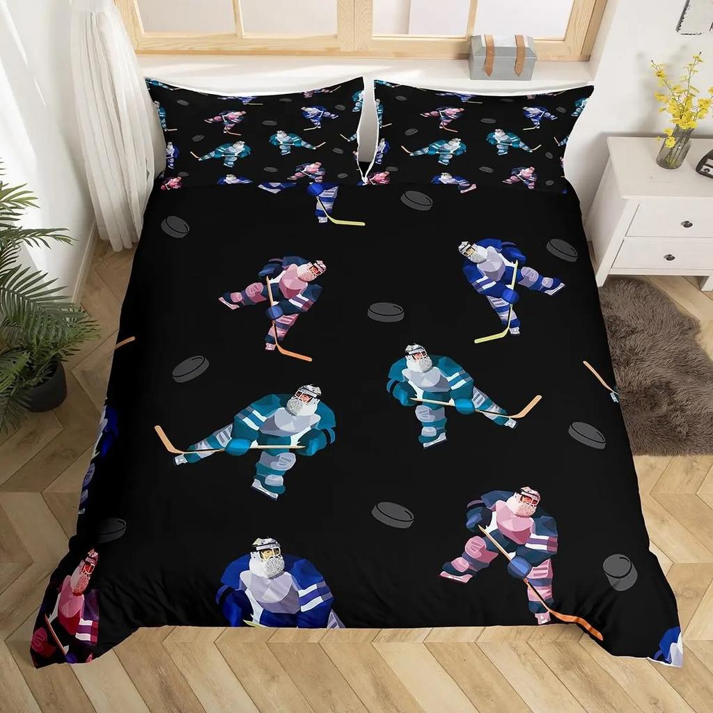 Ice Hockey Duvet Cover Helmet Skates Comforter Cover Winter Ice Sports Games Bedding Set for Boys Puck Hockey Player Quilt Cover