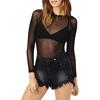 Women's Transparent Mesh Bottom Shirt Black Sexy See Through Shirt Long Sleeve Round Neck T-shirt Nightclub Party Club Tops