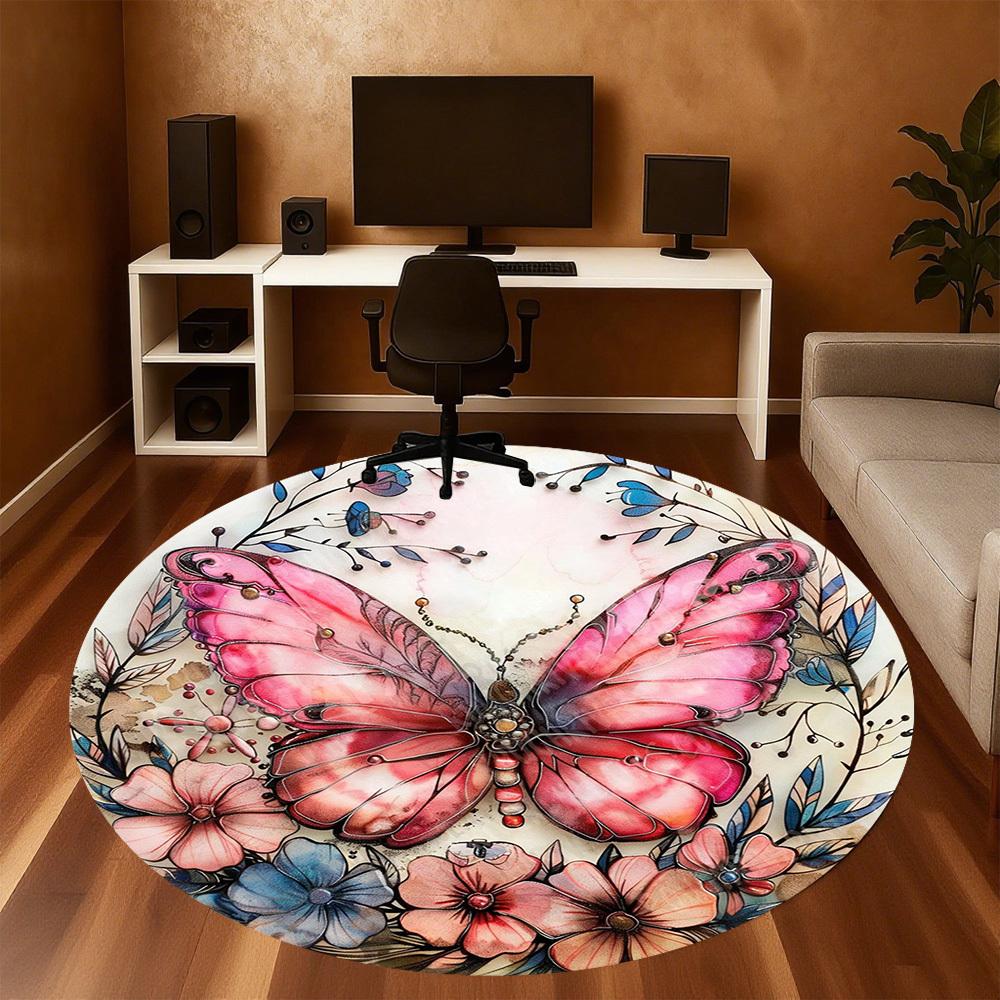 1PC Butterfly Flowers Office Round Area Rug, Under Office Chairs Bedroom Living Room Home Decor, Carpet for Office -1110013